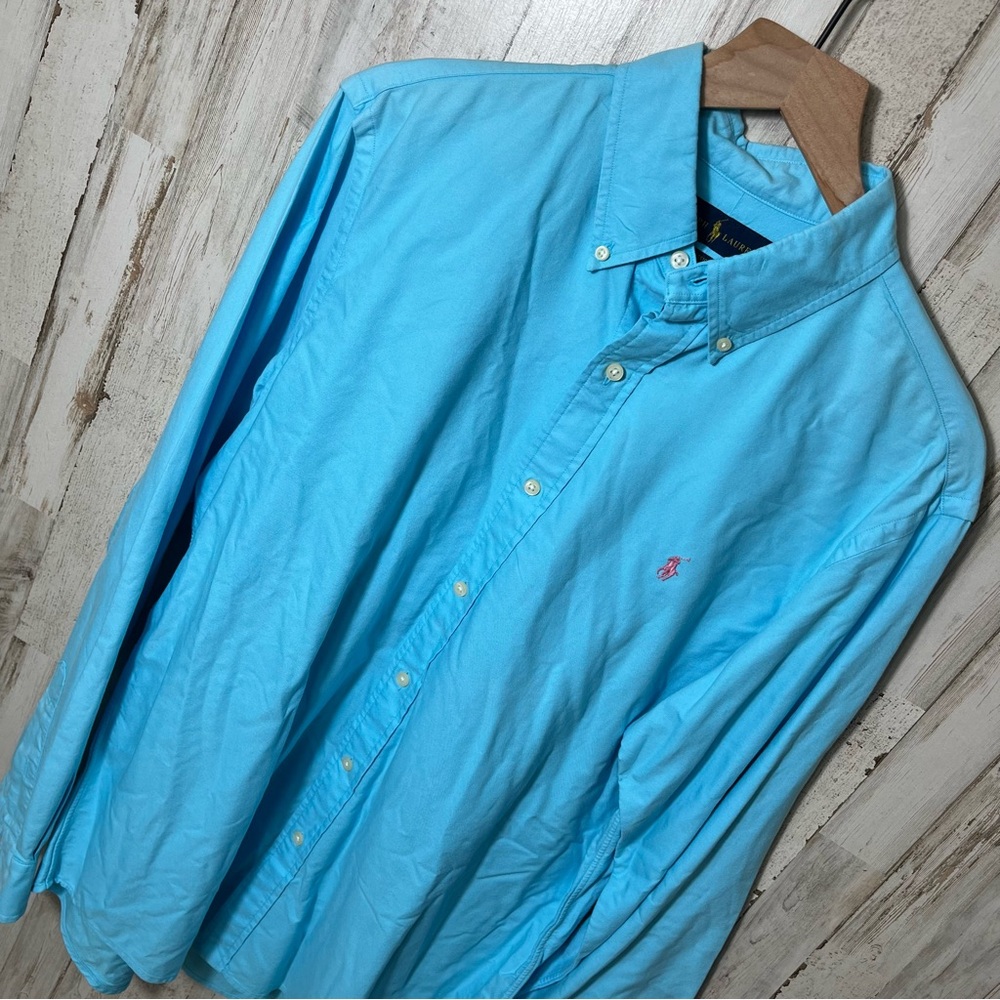 Polo Ralph Lauren Button Down Long Sleeve Shirt Blue Pink Pony Mens‎ Large